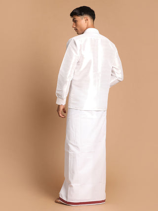 VM BY VASTRAMAY Men's White Silk Blend Shirt And Mundu Set