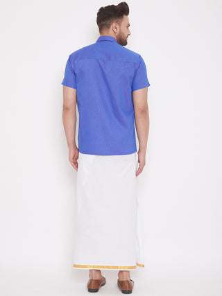 Vastramay Blue and White Cotton Blend Baap Beta Ethnic Shirt And Mundu Set
