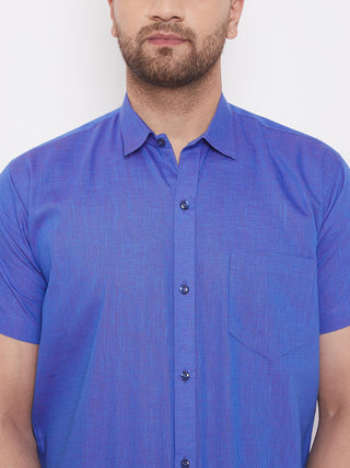VM By VASTRAMAY Men's Blue and White Cotton Blend Shirt And Mundu Set