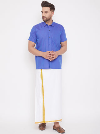 VM By VASTRAMAY Men's Blue and White Cotton Blend Shirt And Mundu Set