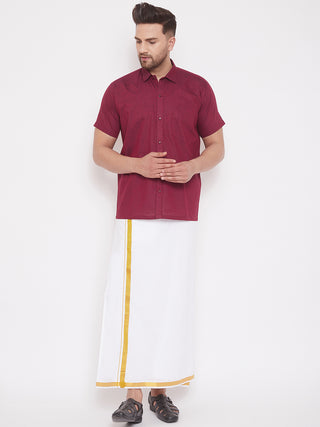 VM By VASTRAMAY Men's Maroon and White Cotton Blend Shirt And Mundu Set