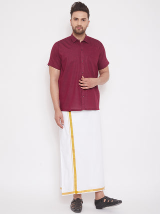VM By VASTRAMAY Men's Maroon and White Cotton Blend Shirt And Mundu Set