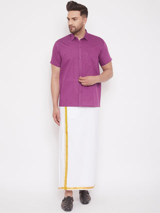 VM By VASTRAMAY Men's Pink and White Cotton Blend Shirt And Mundu Set
