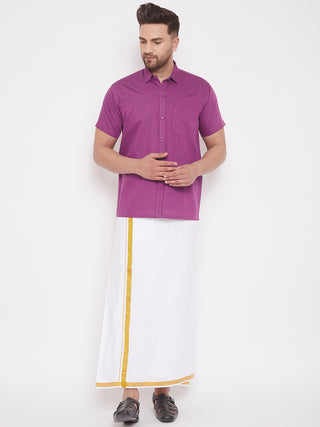 VM By VASTRAMAY Men's Pink and White Cotton Blend Shirt And Mundu Set