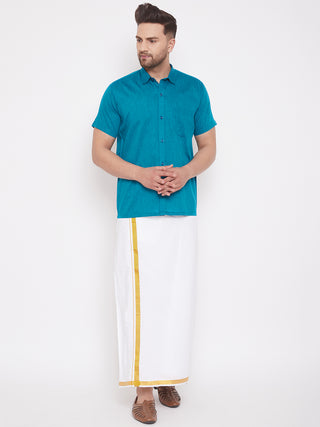 VM By VASTRAMAY Men's Turquoise and White Cotton Blend Shirt And Mundu Set
