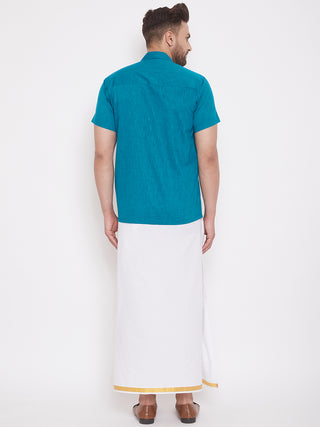 VM By VASTRAMAY Men's Turquoise and White Cotton Blend Shirt And Mundu Set