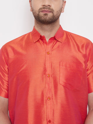 VM BY VASTRAMAY Men's Red Silk Blend Ethnic Shirt