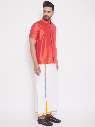 VM By VASTRAMAY Men's Red and White Silk Blend Shirt And Mundu Set