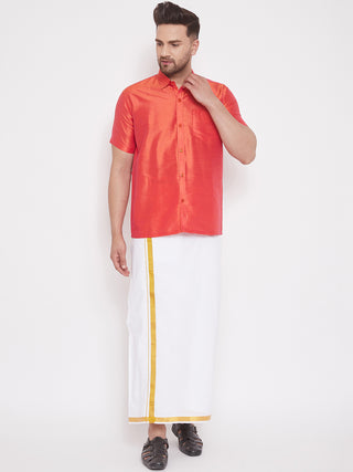VM By VASTRAMAY Men's Red and White Silk Blend Shirt And Mundu Set