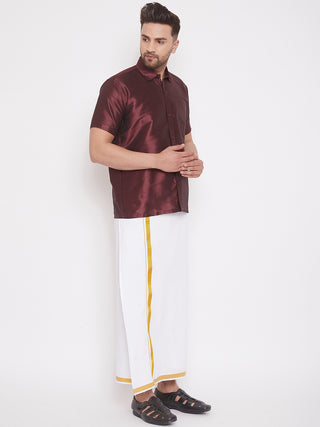 VM By VASTRAMAY Men's Wine and White Silk Blend Shirt And Mundu Set