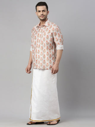 VASTRAMAY Men's Beige Floral Print Shirt And Mundu Set