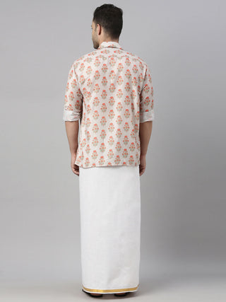 VASTRAMAY Men's Beige Floral Print Shirt And Mundu Set