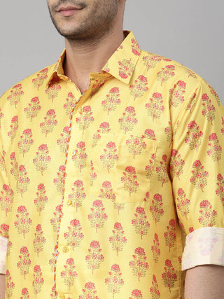 VASTRAMAY Men's Orange Floral Print Shirt And Mundu Set