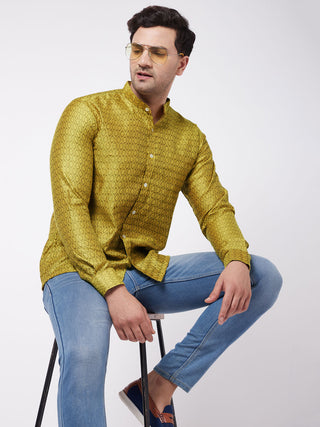 VASTRAMAY Men's Yellow Silk Blend Ethnic Shirt