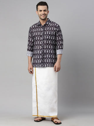 VASTRAMAY Men's Black Ikkat Print Shirt And Mundu Set