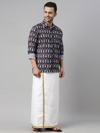 VASTRAMAY Men's Black Ikkat Print Shirt And Mundu Set