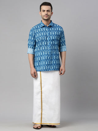 VASTRAMAY Men's Torquoise Blue Ikkat Print Shirt And Mundu Set