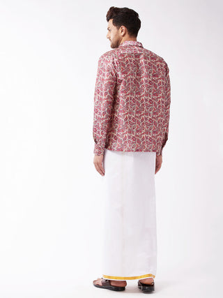 VASTRAMAY Men's Multicolour-Base-Pink And White Silk Blend Shirt And Mundu Set