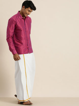 VASTRAMAY Men's Purple Silk Blend Shirt And Mundu Set