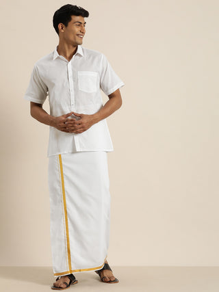 VASTRAMAY Men's White Cotton Shirt With Mundu Set