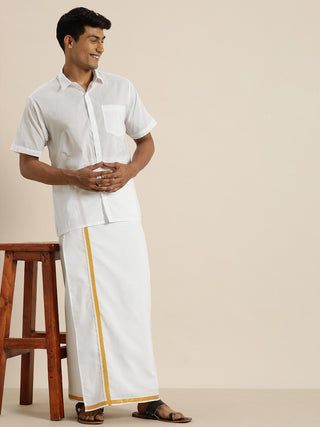 VASTRAMAY Men's White Cotton Shirt With Mundu Set