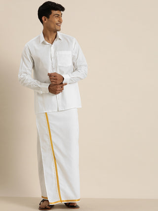 VASTRAMAY Men's White Cotton Shirt And Mundu Set