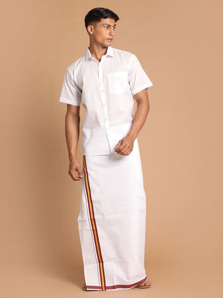 VASTRAMAY Men's White Cotton Blend Shirt And Mundu Set
