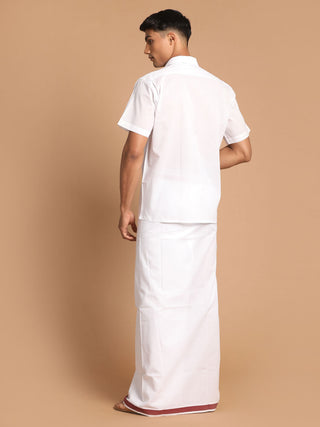 VASTRAMAY Men's White Cotton Blend Shirt And Mundu Set
