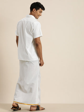 VASTRAMAY Men's White Cotton Shirt And Mundu Set