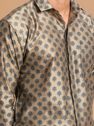 VASTRAMAY Men's Brown Silk Blend Printed Shirt And Mundu Set