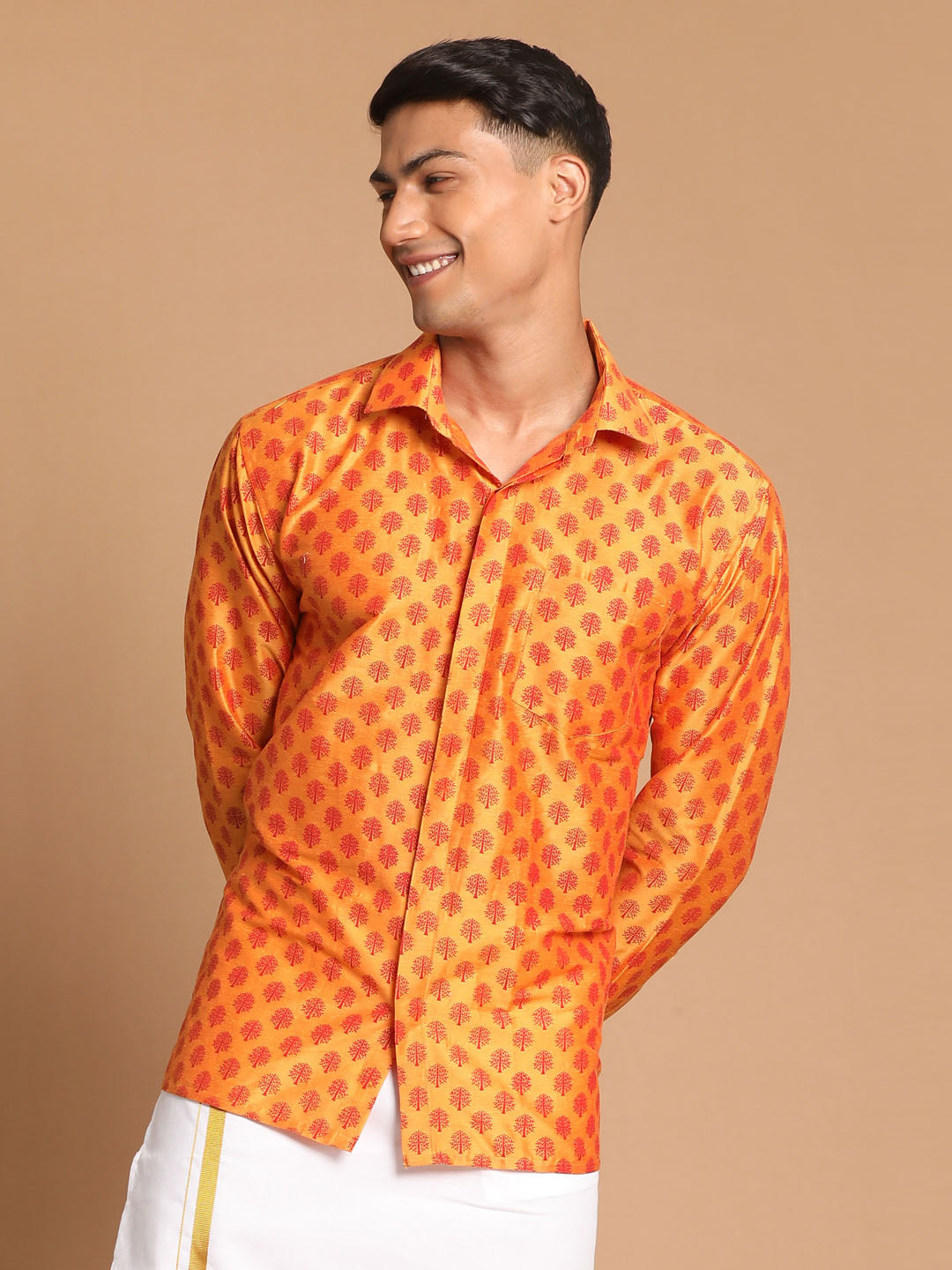 Men's Orange Silk Blend Printed Shirt