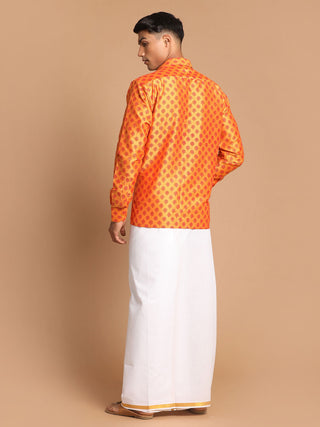 VASTRAMAY Men's Orange Silk Blend Printed Shirt And Mundu Set