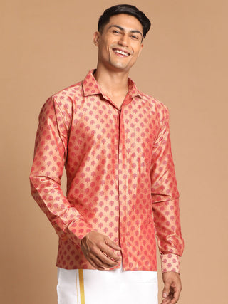 VASTRAMAY Men's Pink Silk Blend Printed Shirt