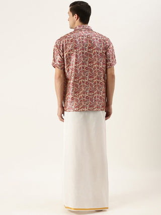 VASTRAMAY Men's Multi-Color Silk Blend Printed Shirt And Mundu Set