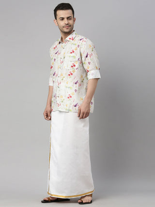 VASTRAMAY Men's Cream Floral Print Shirt And Mundu Set
