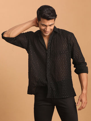 VASTRAMAY Men's Black Fancy Sequined Shirt