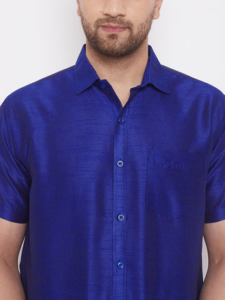 VM By VASTRAMAY Men's Blue And White Silk Blend Shirt And Mundu Set
