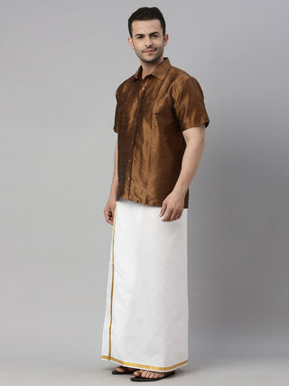 VM BY VASTRAMAY Men's Coffee Solid Ethnic Shirt And Mundu Set