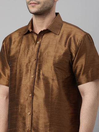 VM BY VASTRAMAY Men's Coffee Solid Ethnic Shirt And Mundu Set