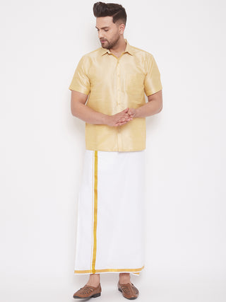VM BY VASTRAMAY Men's Gold And White Silk Blend Shirt And Mundu Set