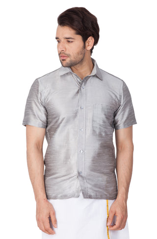 Men's Grey Cotton Silk Blend Ethnic Shirt