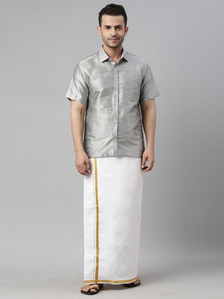 VM By VASTRAMAY Men's Gray Solid Ethnic Shirt And Mundu Set