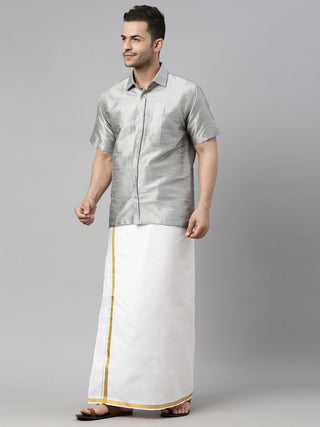 VM By VASTRAMAY Men's Gray Solid Ethnic Shirt And Mundu Set