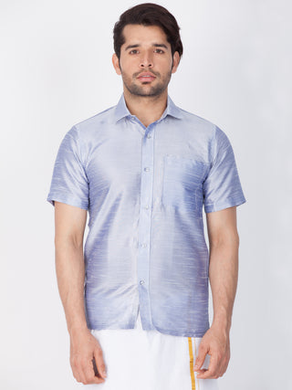 Men's Light Blue Cotton Silk Blend Ethnic Shirt