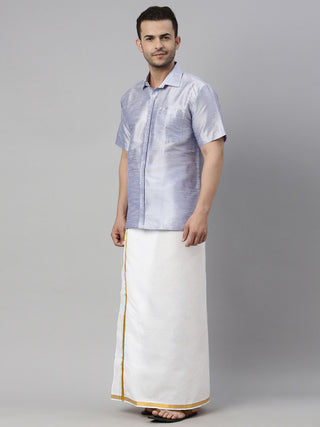 VM By VASTRAMAY Men's Lavender Solid Ethnic Shirt And Mundu Set