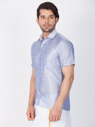 Men's Light Blue Cotton Silk Blend Ethnic Shirt