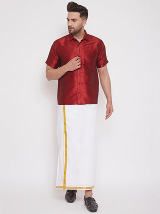 VM By VASTRAMAY Men's Maroon And White Silk Blend Shirt And Mundu Set