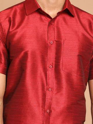 VM BY VASTRAMAY Men's Maroon Silk Blend Shirt And Mundu Set