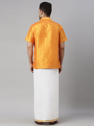 VM By VASTRAMAY Men's Orange Solid Ethnic Shirt And Mundu Set