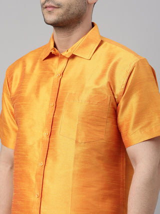 VM By VASTRAMAY Men's Orange Solid Ethnic Shirt And Mundu Set
